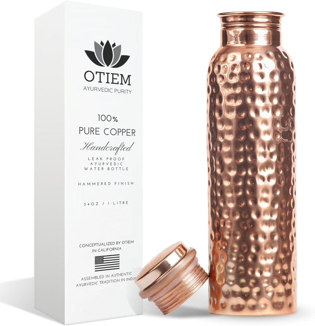 Otiem Hammered Ayurvedic 100% Pure Copper Water Bottle  - 1 Litre (34 Oz) Leak Proof (Handcrafted)