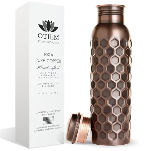 Otiem Antique Black Ayurvedic 100% Pure Copper Water Bottle  - 1 Litre (34 Oz) Leak Proof (Handcrafted)