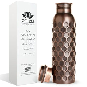 Otiem Antique Black Ayurvedic 100% Pure Copper Water Bottle  - 1 Litre (34 Oz) Leak Proof (Handcrafted)