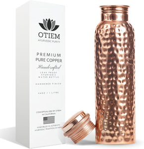 Otiem Hammered Ayurvedic Premium Copper Water Bottle  - 1 Litre (34 Oz) Leak Proof (Handcrafted)