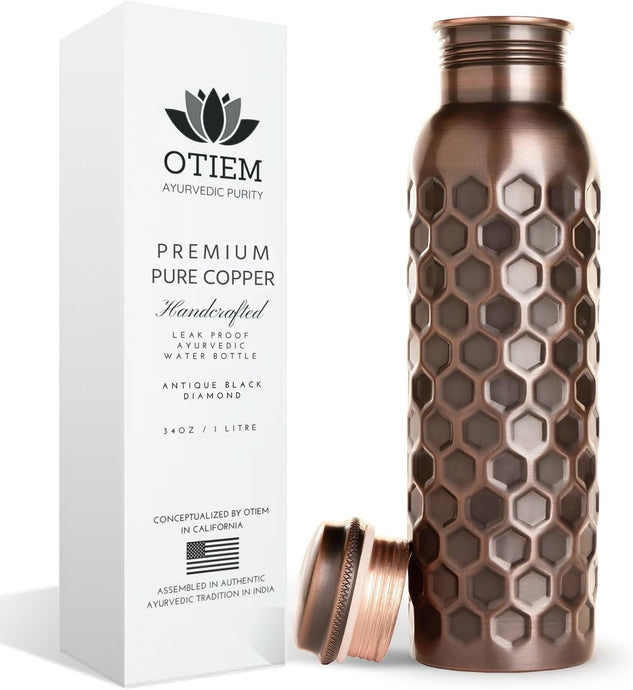 Otiem Antique Black Ayurvedic Premium Copper Water Bottle  - 1 Litre (34 Oz) Leak Proof (Handcrafted)