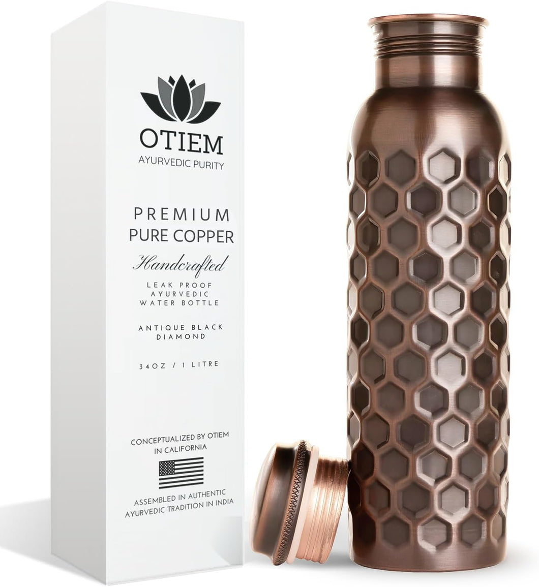 Otiem Antique Black Ayurvedic Premium Copper Water Bottle  - 1 Litre (34 Oz) Leak Proof (Handcrafted)