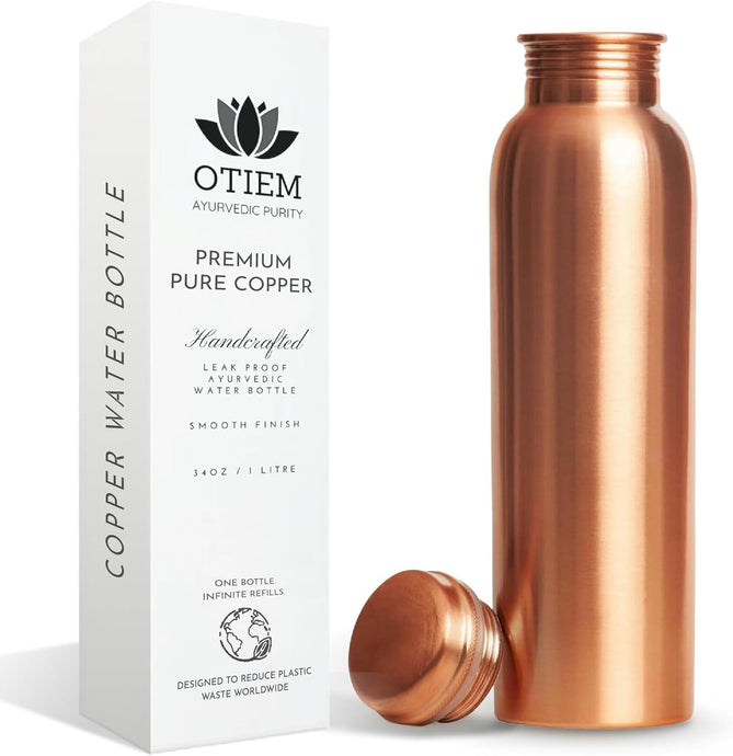 Otiem Smooth Ayurvedic Preimum Copper Water Bottle  - 1 Litre (34 Oz) Leak Proof (Handcrafted)