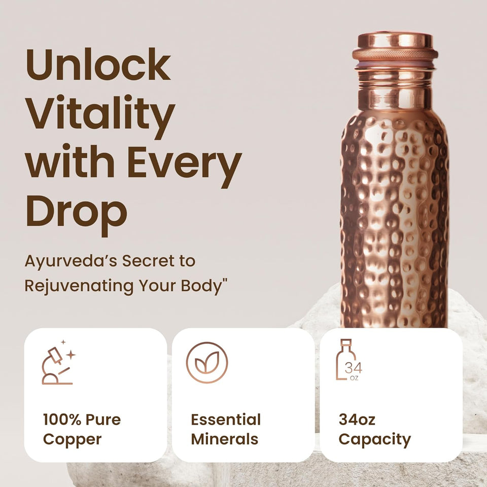 Otiem Hammered Ayurvedic Premium Copper Water Bottle  - 1 Litre (34 Oz) Leak Proof (Handcrafted)