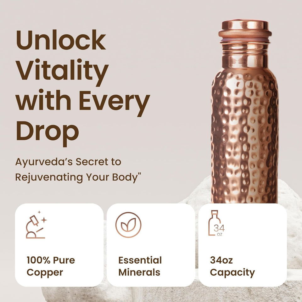 Otiem Hammered Ayurvedic 100% Pure Copper Water Bottle  - 1 Litre (34 Oz) Leak Proof (Handcrafted)