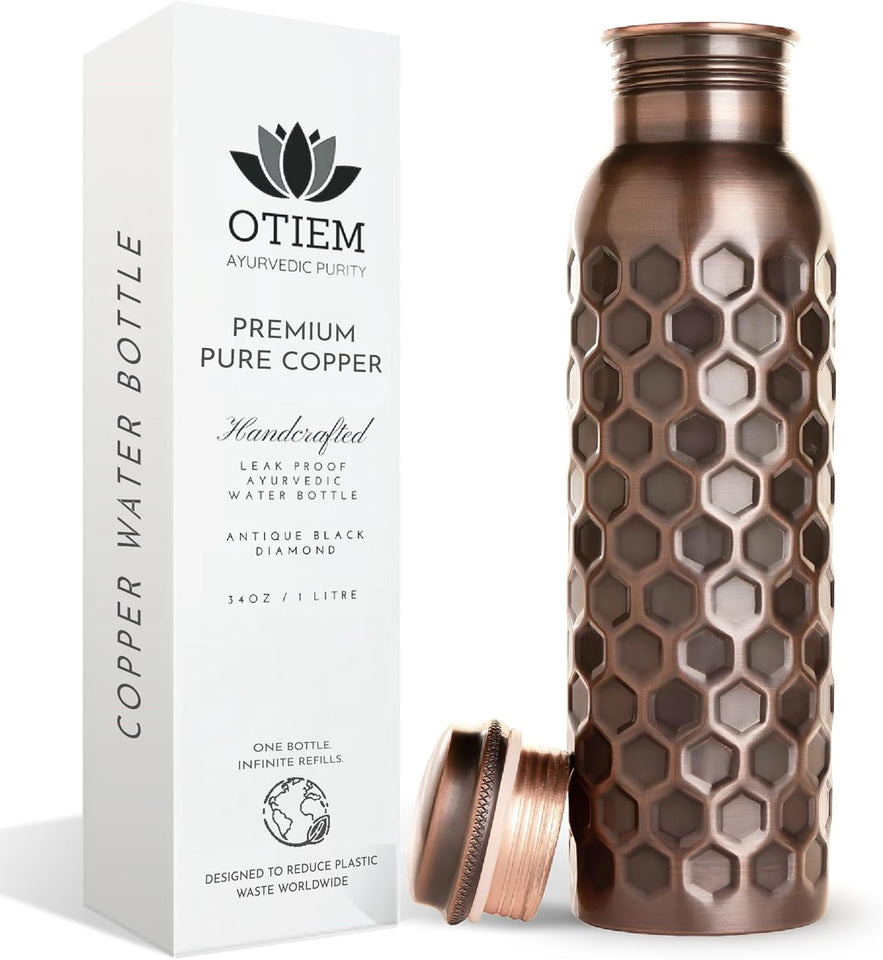 Otiem Antique Black Ayurvedic Premium Copper Water Bottle  - 1 Litre (34 Oz) Leak Proof (Handcrafted)