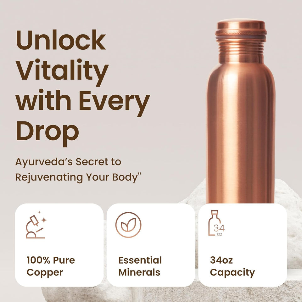 Otiem Smooth Ayurvedic 100% Pure Copper Water Bottle  - 1 Litre (34 Oz) Leak Proof (Handcrafted)