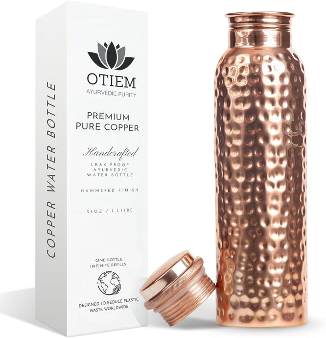 Otiem Hammered Ayurvedic Premium Copper Water Bottle  - 1 Litre (34 Oz) Leak Proof (Handcrafted)